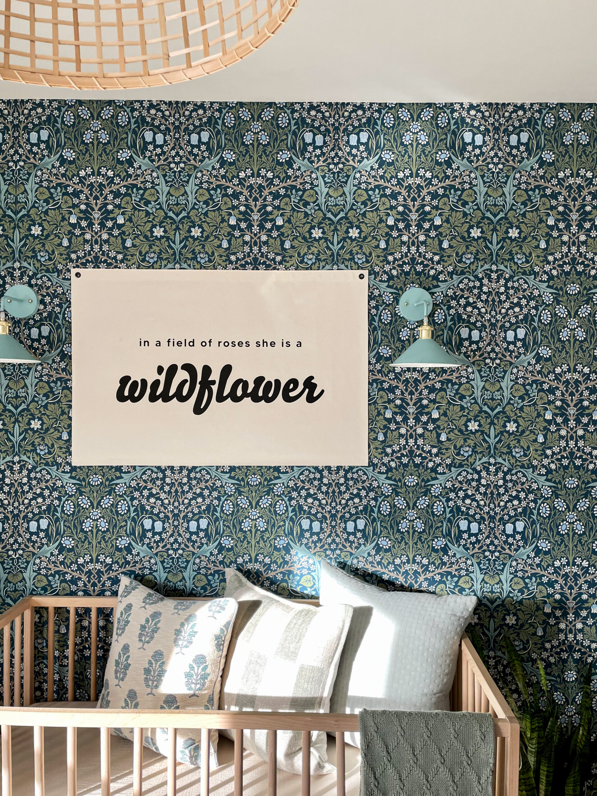 Dark Floral Blue and Green Wallpaper with Wildflower Banner