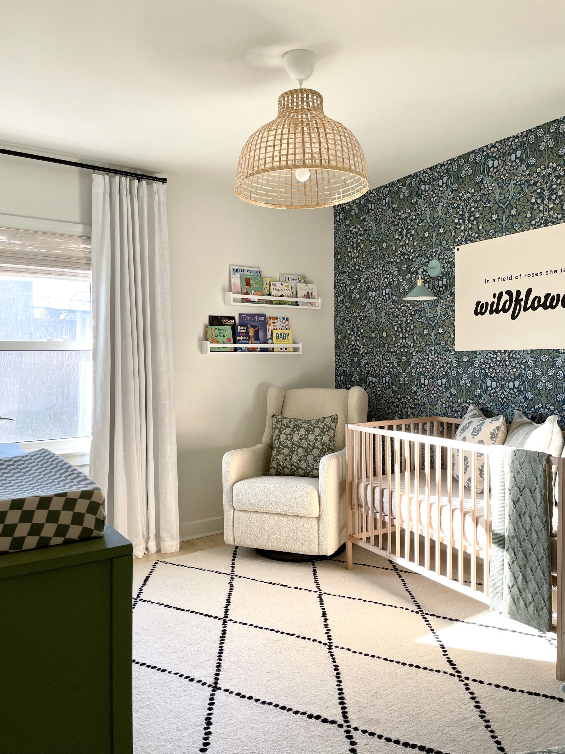 Girls Nursery with Bold Dark Floral Wallpaper