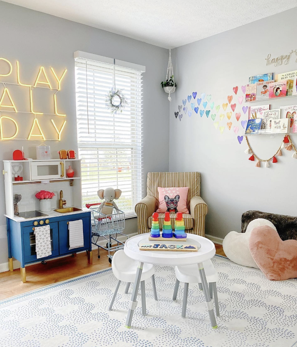 Colorful Playroom with Rainbow Watercolor Heart Wall Decals